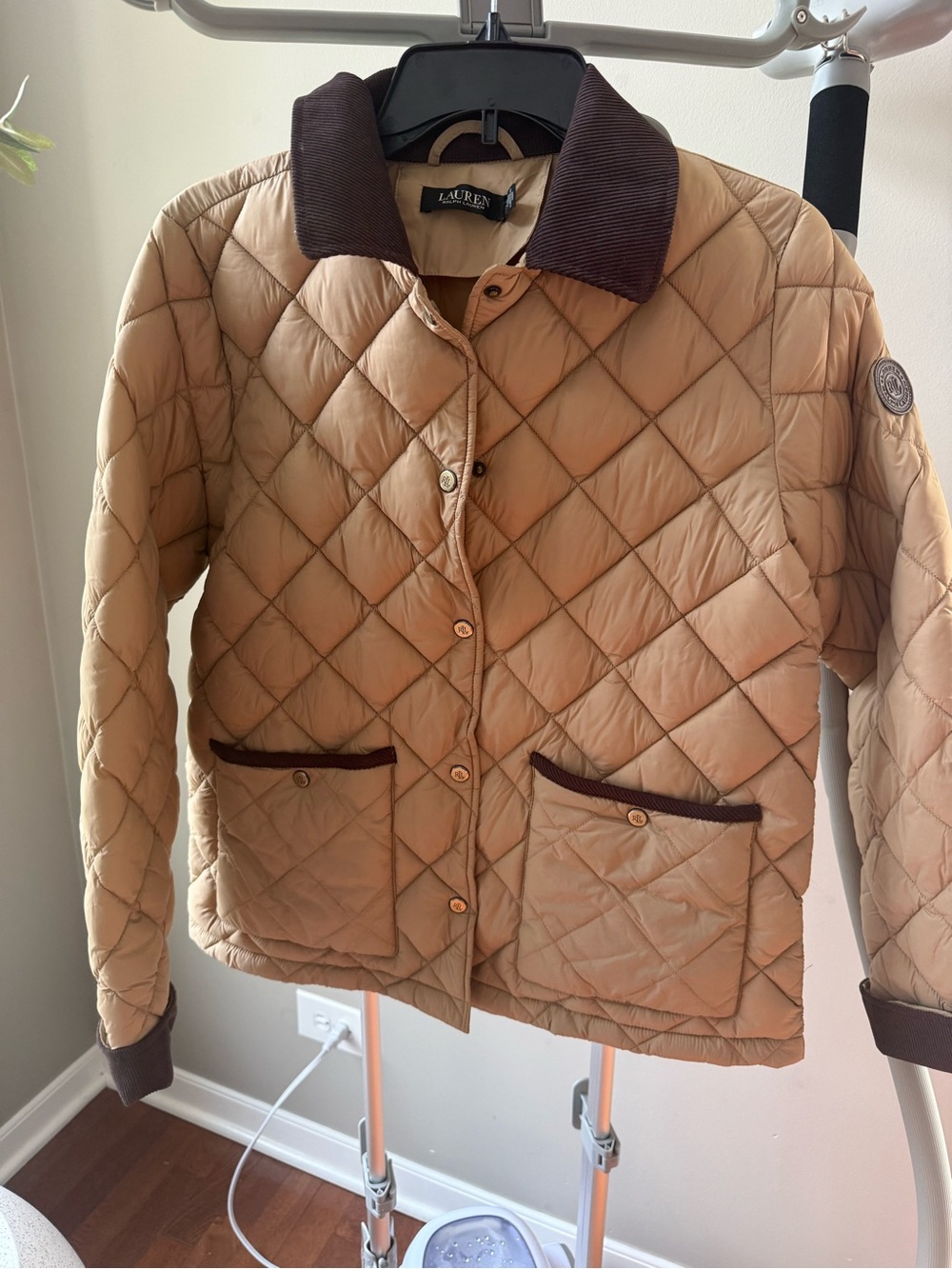 Ralph Lauren Quilted Tan Puffer Jacket with Dark Brown Trim